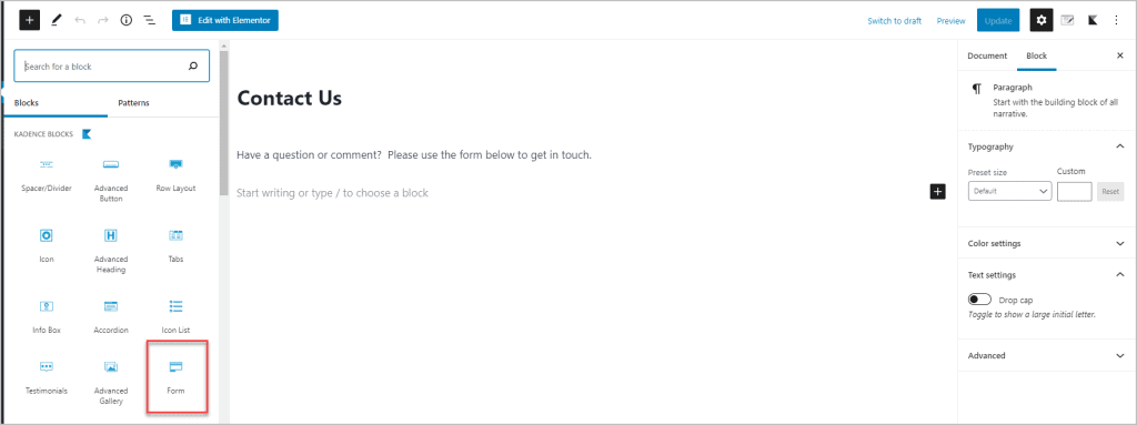 Find The Form Block In The List Of Blocks