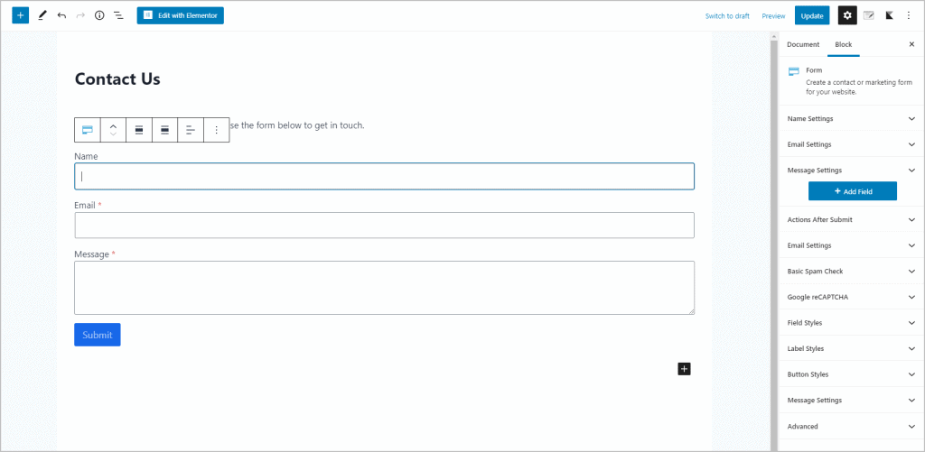 Options When Form Selected