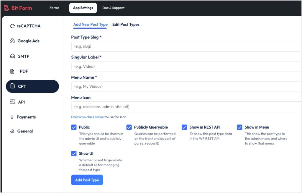 bit form create cpt option