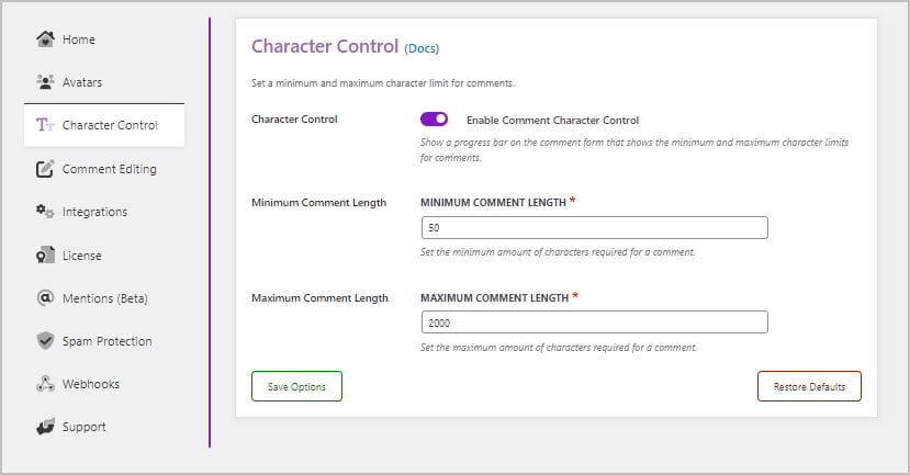 comment edit pro character control