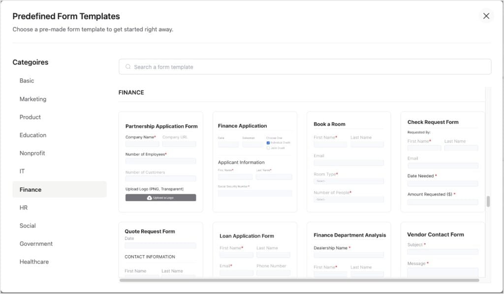 fluent forms new form templates