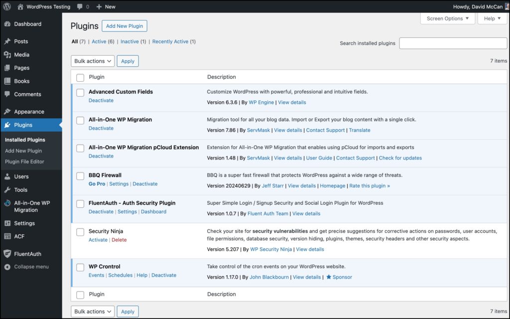 plugins installed on test website