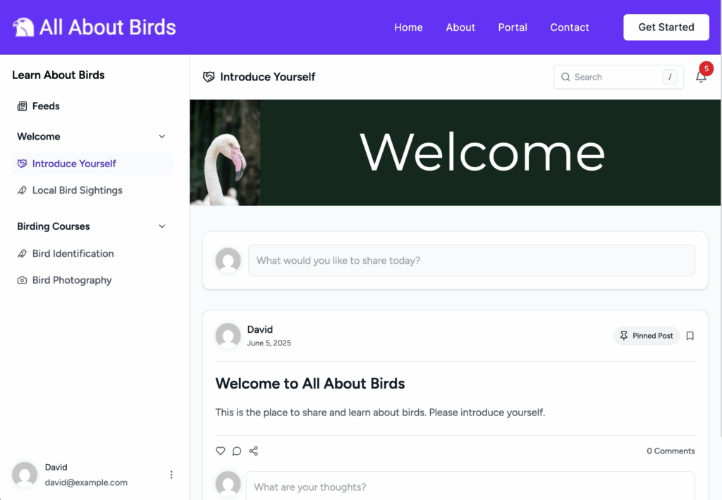 View of the portal created during the video.  The groups and spaces are on the left side.