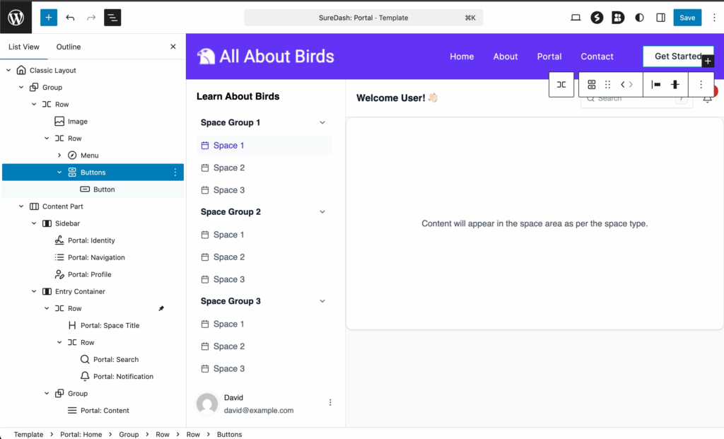 Here is a screenshot of the Site Editor where you can see the structure of the blocks.