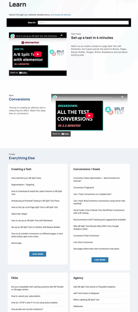 The docs page list of articles