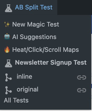 The admin bar menu that lets us see the variations. 